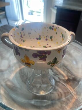 Fleur-de-Lis Ceramic Double-Handled Bowl - Purple, Yellow, Green